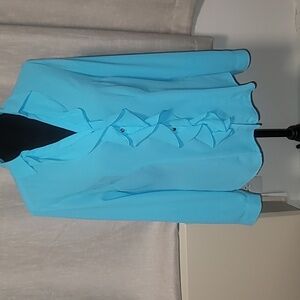 New York & Company blue long sleeve ruffled front blouse